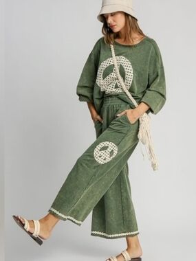 Umgee Olive Green Wide-Leg Lounge Pants with Peace Motif